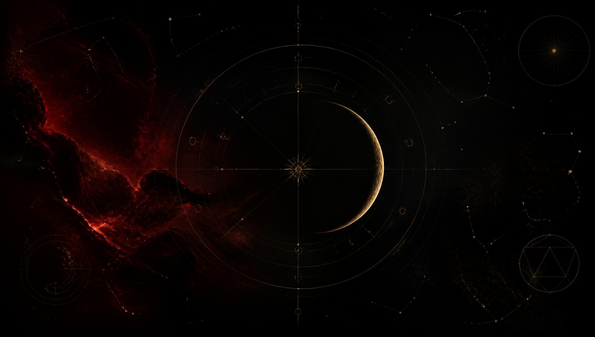 Crescent moon and constellation map over a deep red nebula